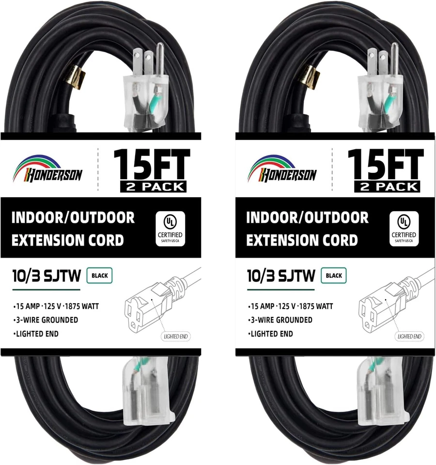 2 Pack Weatherproof 15FT Heavy Duty 10 Gauge Extension Cords with Lighted End - Image 3 of 4