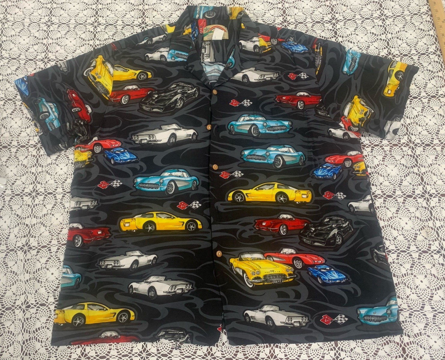 Vintage Paradise Found Hawaiian Shirt Mens XL Black S/S Corvette Stingray