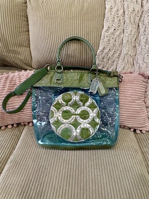  VINTAGE RARE COACH Julia Clear Op Art Perry Tote Bag Green Blue patent leather
