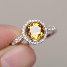 2.10Ct Round Cut Yellow Citrine Halo Engagement Ring 14K White Gold Finish