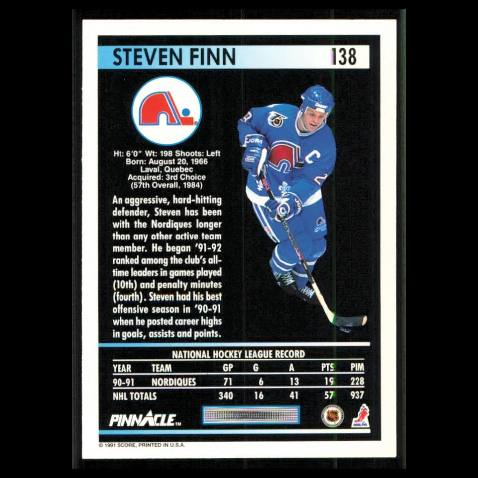 Steven Finn #138 1991 Pinnacle Quebec Nordiques Hockey Card NHL NM - Image 2 of 3