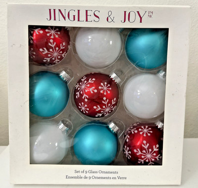 JINGLES & JOY Christmas Set Of 9 Glass Ornaments Red White and Teal colors