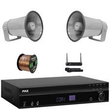 Pyle 5.2 Channel Home Amp Receiver, 2x 8.1'' PA Horn Speakers Wireless Mic