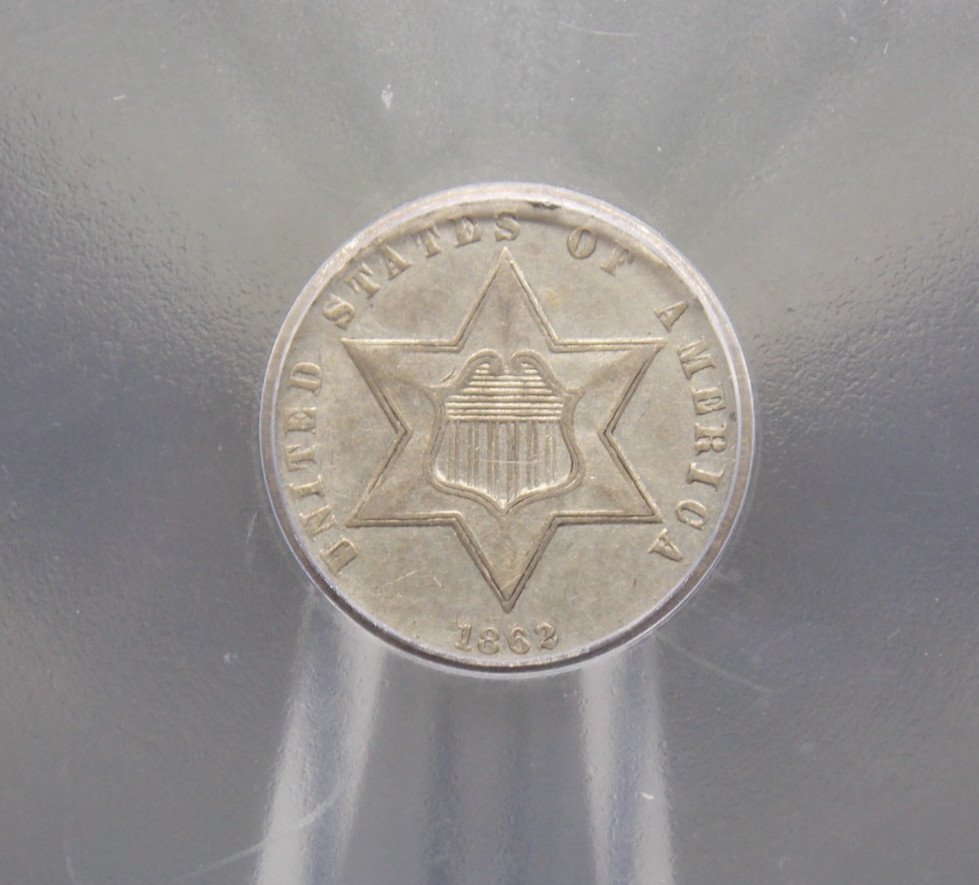 1862 Three 3 Cent SILVER Obsolete 3CS ICG AU55 #001 About Uncirculated ECC&C Inc