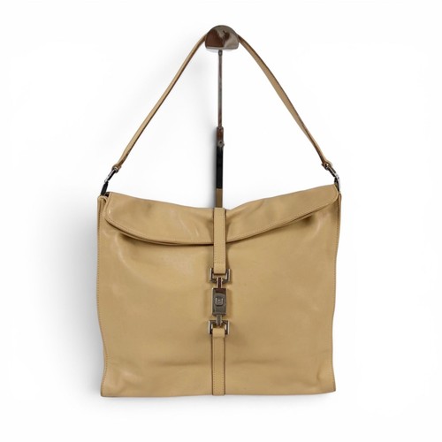 GUCCI Jackie Leather Hobo Bag Beige One Shoulder Handbag Silver Hardware