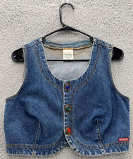 Vintage BONGO Womens Denim Vest Sz M USA 90s Blue Jean Cropped Multicolor Button