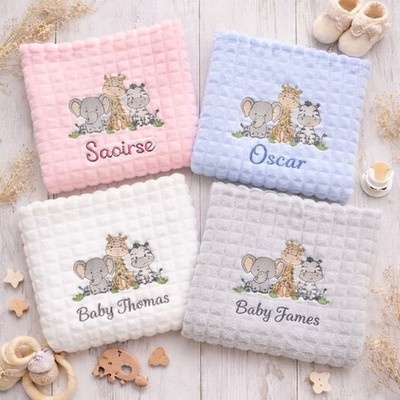 Personalisierte Safari Babydecke - weich bestickt Neugeborenen Geschenk 75 cm x 100 cm