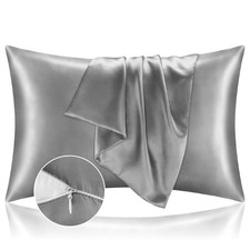 Satin Pillowcase with Zipper 2 Pack, Grey Pillow Cases Standard Size, Super S...