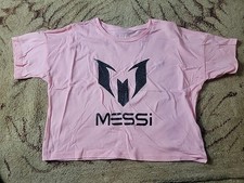 Messi T-Shirt Girls Pink Logo Short Sleeve Graphic Cropped New Size Medium