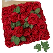  Artificial Flower Rose Real Looking Fake Roses w/Stem for DIY 25pcs Dark Red