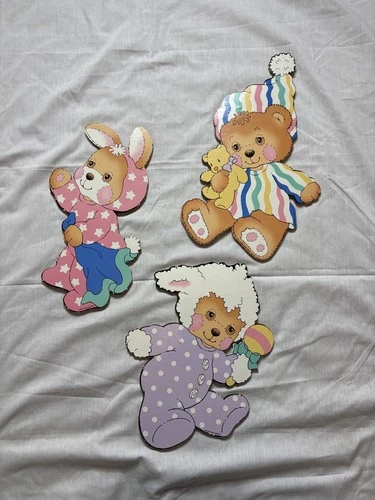 Set Of 3 Nursery Decor Wall Hangings Teddy Bear Lamb Bunny Vintage Brushcreek 