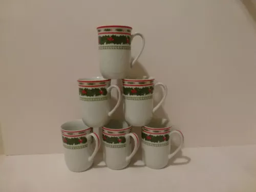 Vintage Lefton (6) Classic Christmas Holly 1053 Porcelain Mugs   (SZ2