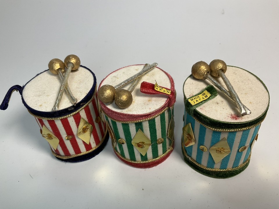 Vintage Lot of 3 Felt Drum with Drumsticks Christmas Tree Ornaments