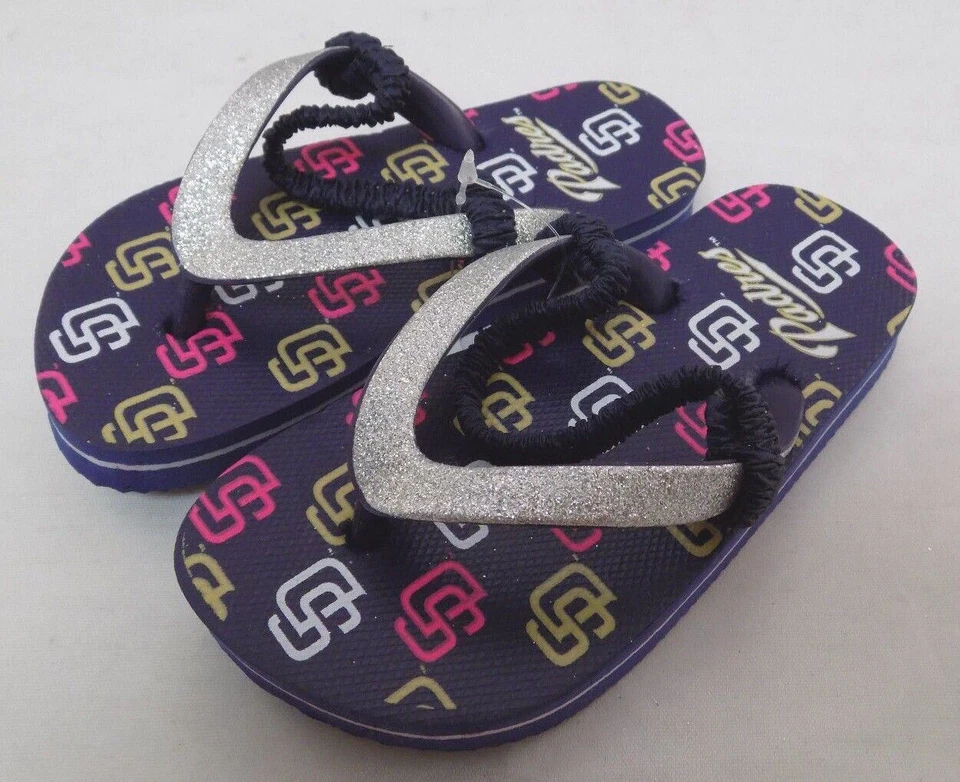 SAN DIEGO PADRES GIRL'S FLIP FLOP SHOES KIDS SIZE 10 - 11 BLUE GLITTER NEW - Image 2 of 4