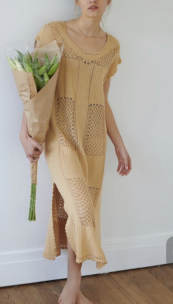 Free People FP Beach Lost At Sea Dusted Mustard Yellow Crochet Knit Midi Dress L