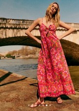 Sézane x Farm Rio Jolia Dress Size 10 Maxi Floral Vacation 100% Cotton Pink Red