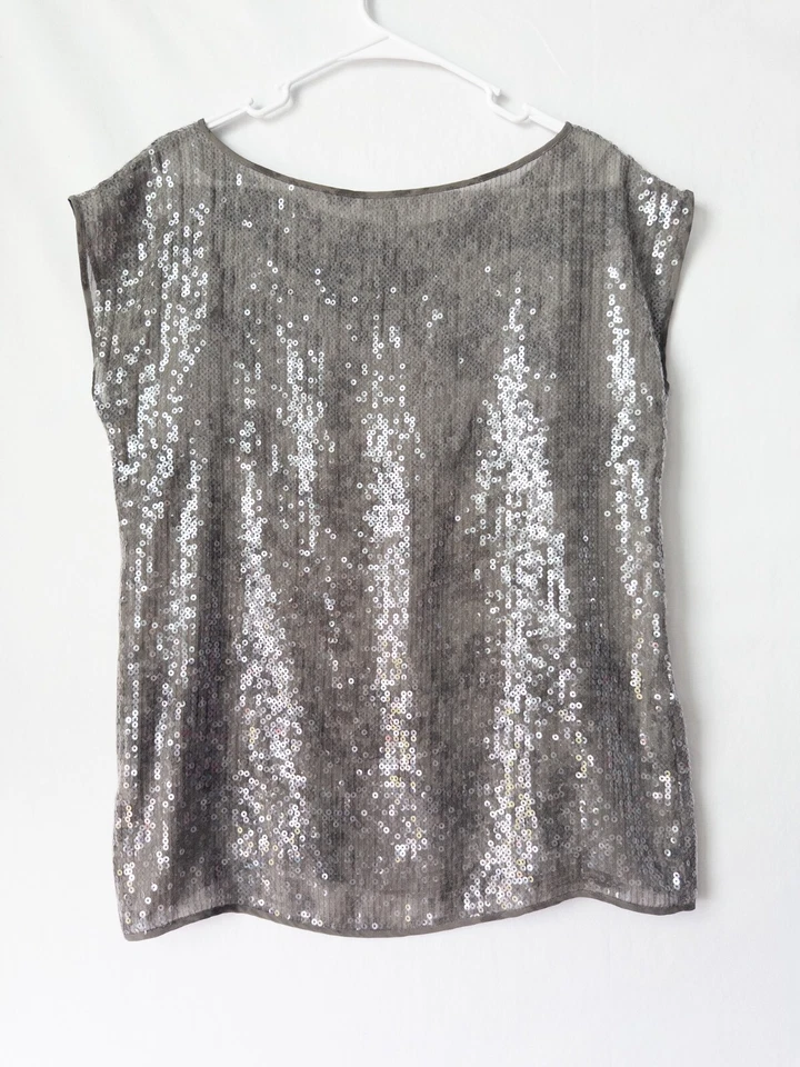 Blusa Eileen Fisher S Gris Lentejuelas Hada Manga Corta 100% Seda Discoteca Foto 2 de 4