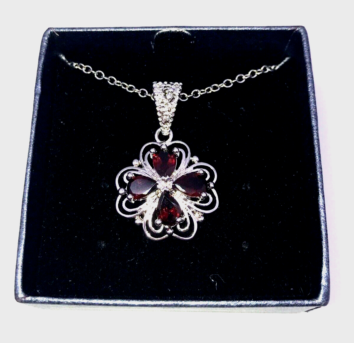 Garnet Red Crystal Silver Clover Filigree Necklace for Women