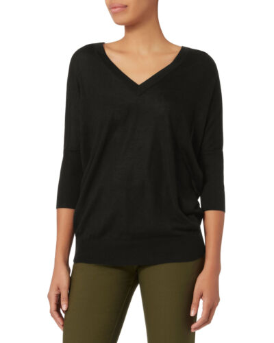 DEREK LAM Black Cashmere Silk V Neck 3/4 Batwing Sleeve Sweater M $650