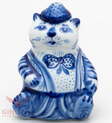 Gzhel Handpainted Porcelain fat Cat Figurine salt or pepper dispenser Гжель