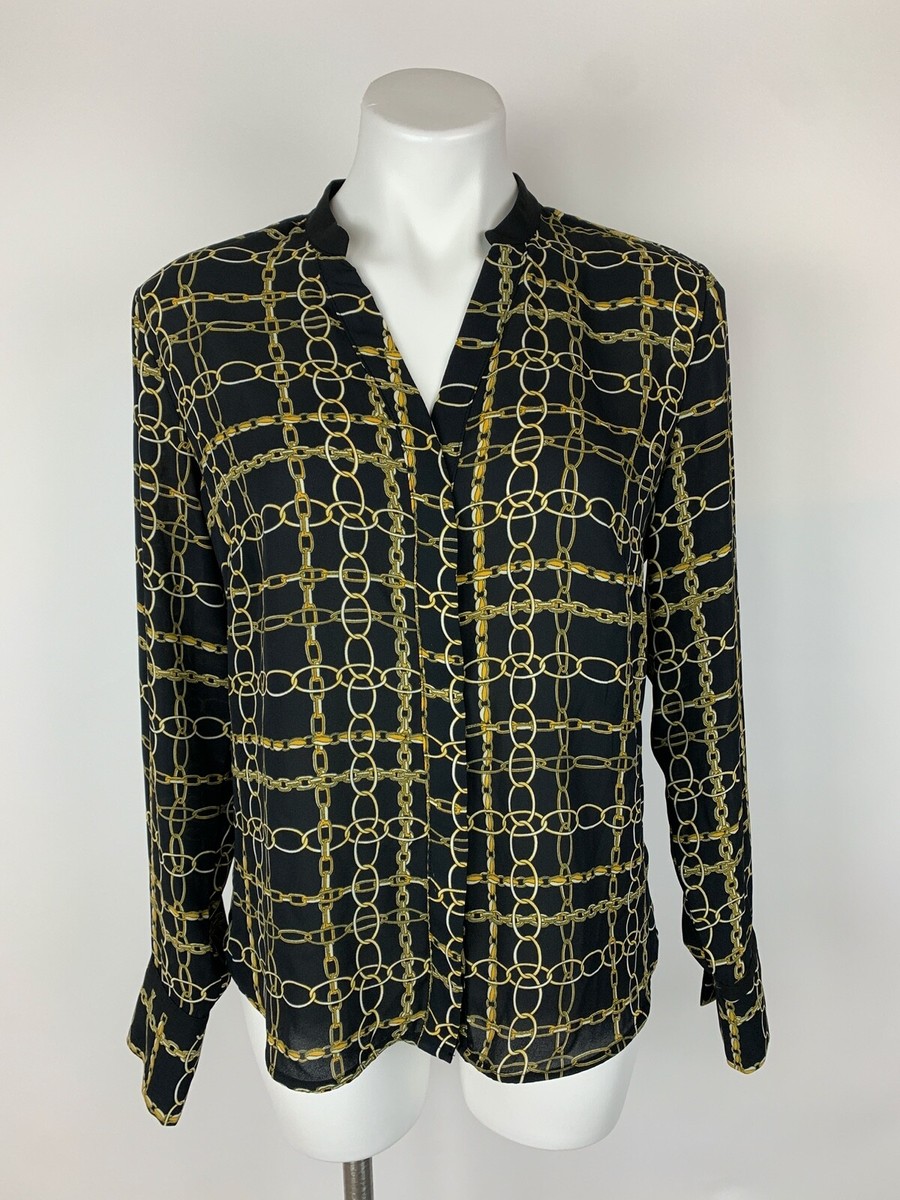 NEW New York & Company Black Gold Chain Link Blouse Top Medium M