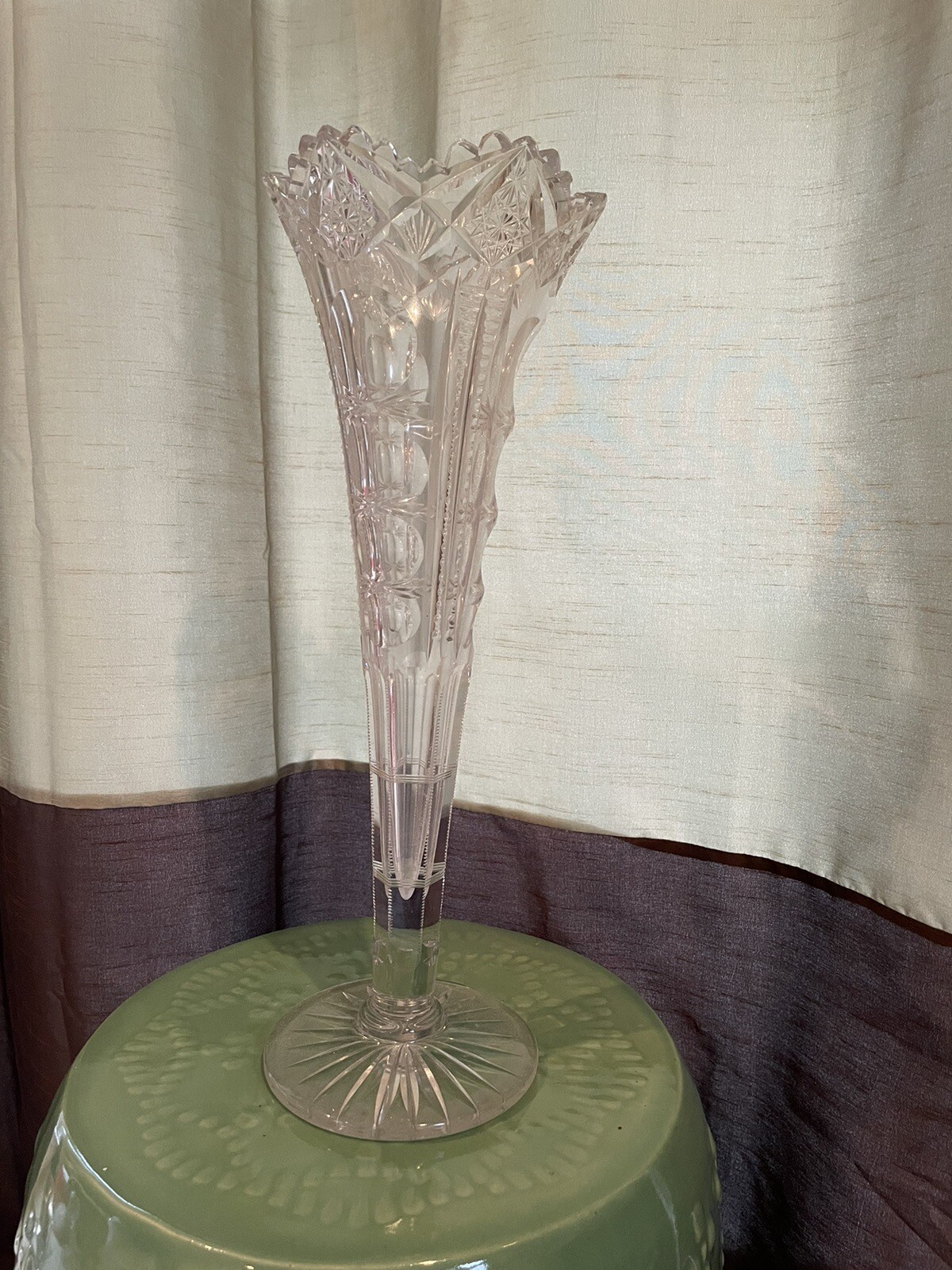 Large Antique American Brilliant Heavy Crystal Cut Glass Trumpet Vase