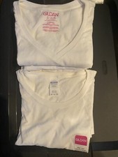 Gildan Heavy Cotton T-shirt, White Women V-neck and Mens Crew Neck