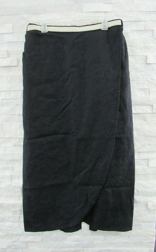 NWT FLAX Black Linen Long Faux Wrap Front Beige Trim Cocoon Skirt L