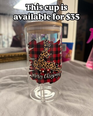 cute Reindeer 16oz Bamboo Lid Glass cup with Straw good for gifts andmore