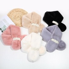 Women Faux Fur Pearl Collars Shawl Wrap Stole Fluffy Furry Scarf Soft Warm