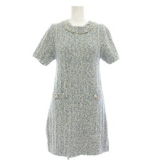 Chanel Tweed Dress Blue White Size 36 Knee-Length Short Sleeve Vintage A Grade
