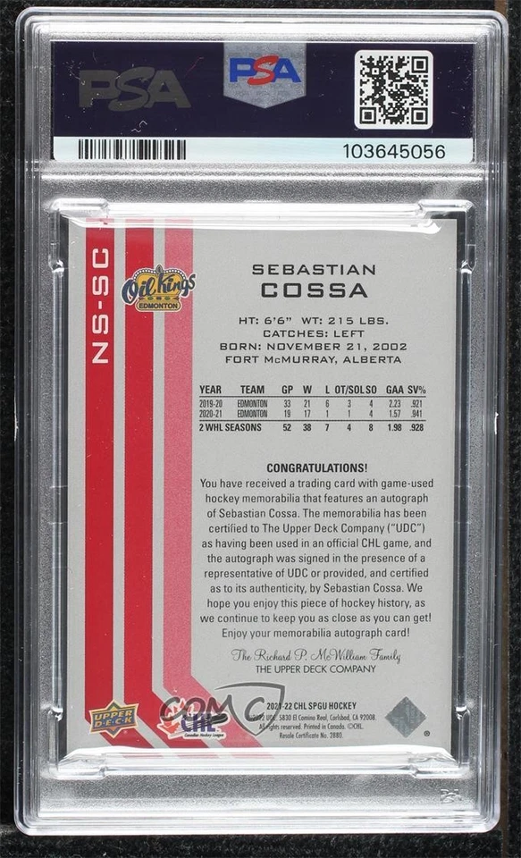 2021 SP Game Used CHL Edition Jersey 7/25 Sebastian Cossa #NS-SC PSA 8 Auto gs8 - Image 2 of 3