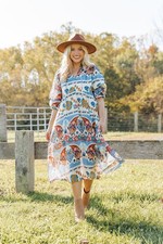 NWOT UMGEE Border Print Midi Dress Poof Tiered Sleeve Blue Rust Flowy Lined Sz M