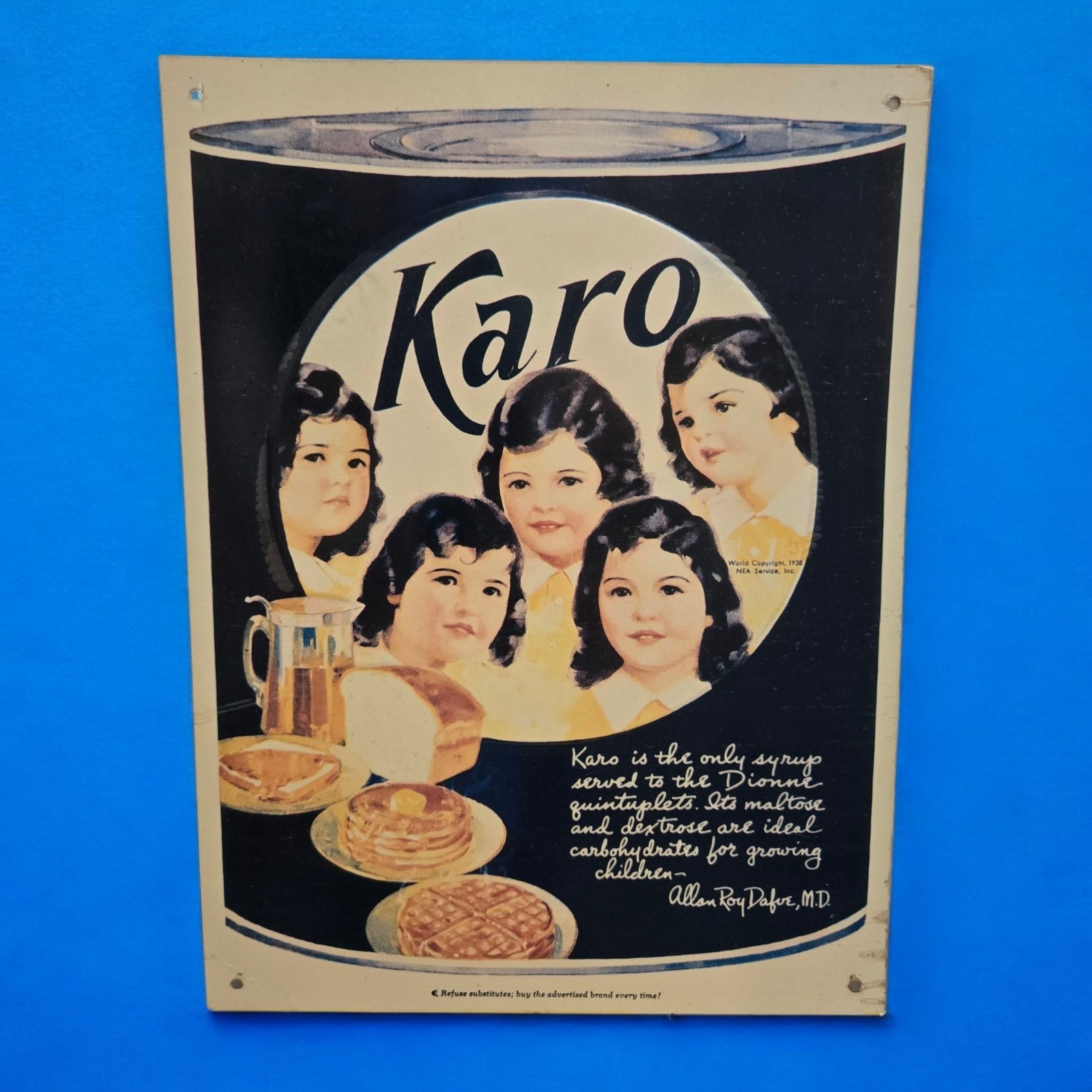 Karo Syrup Tin Metal Sign Quintuplets Retro Kitchen 1938 Advert VTG Reproduction
