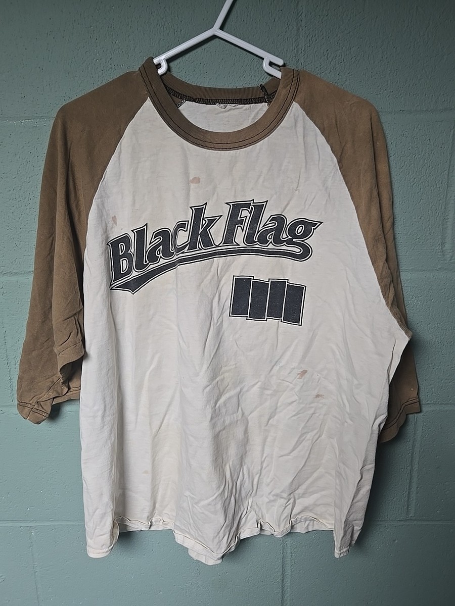 Vintage Black Flag Punk Band Baseball Shirt Tan Sleeves Size XL