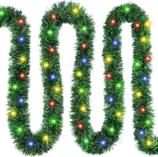 39.4FT Artificial Christmas Garland with Lights, 150 Colorful Lighted Tinsel Pin