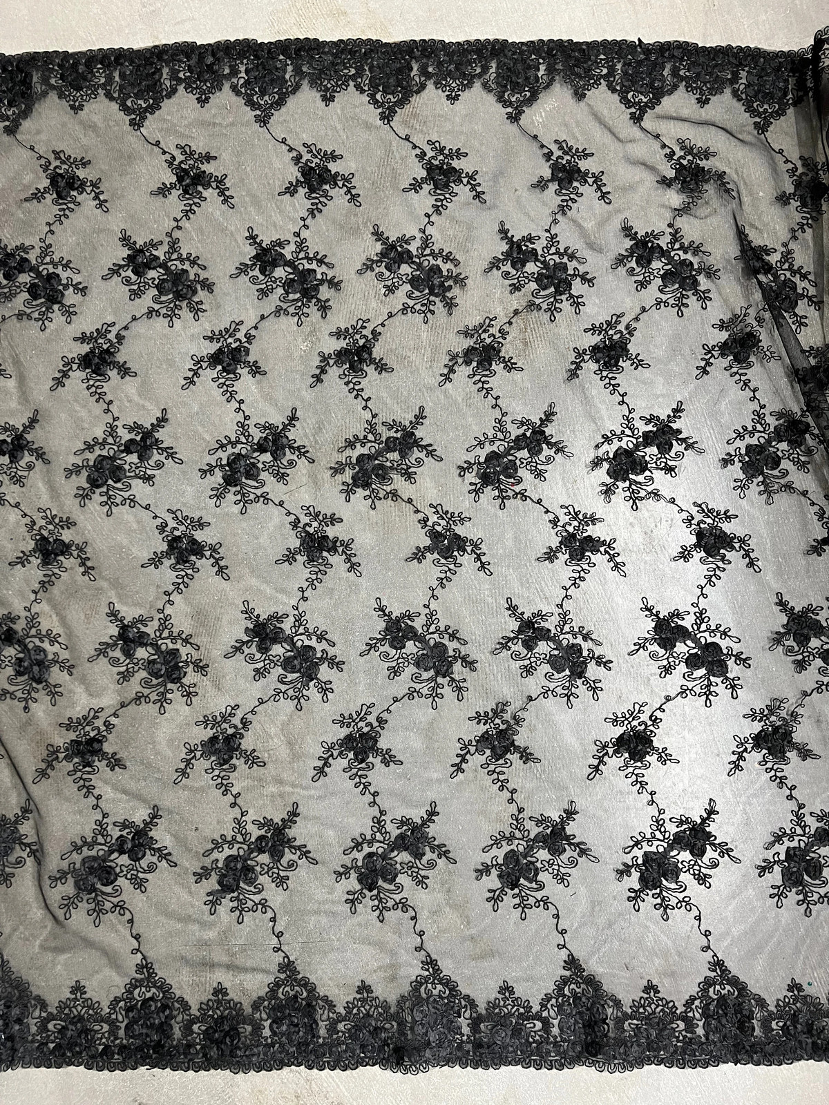 Andrea BLACK 3D Floral Matte Corded Embroidery on Mesh Lace Fabric by the Yard 