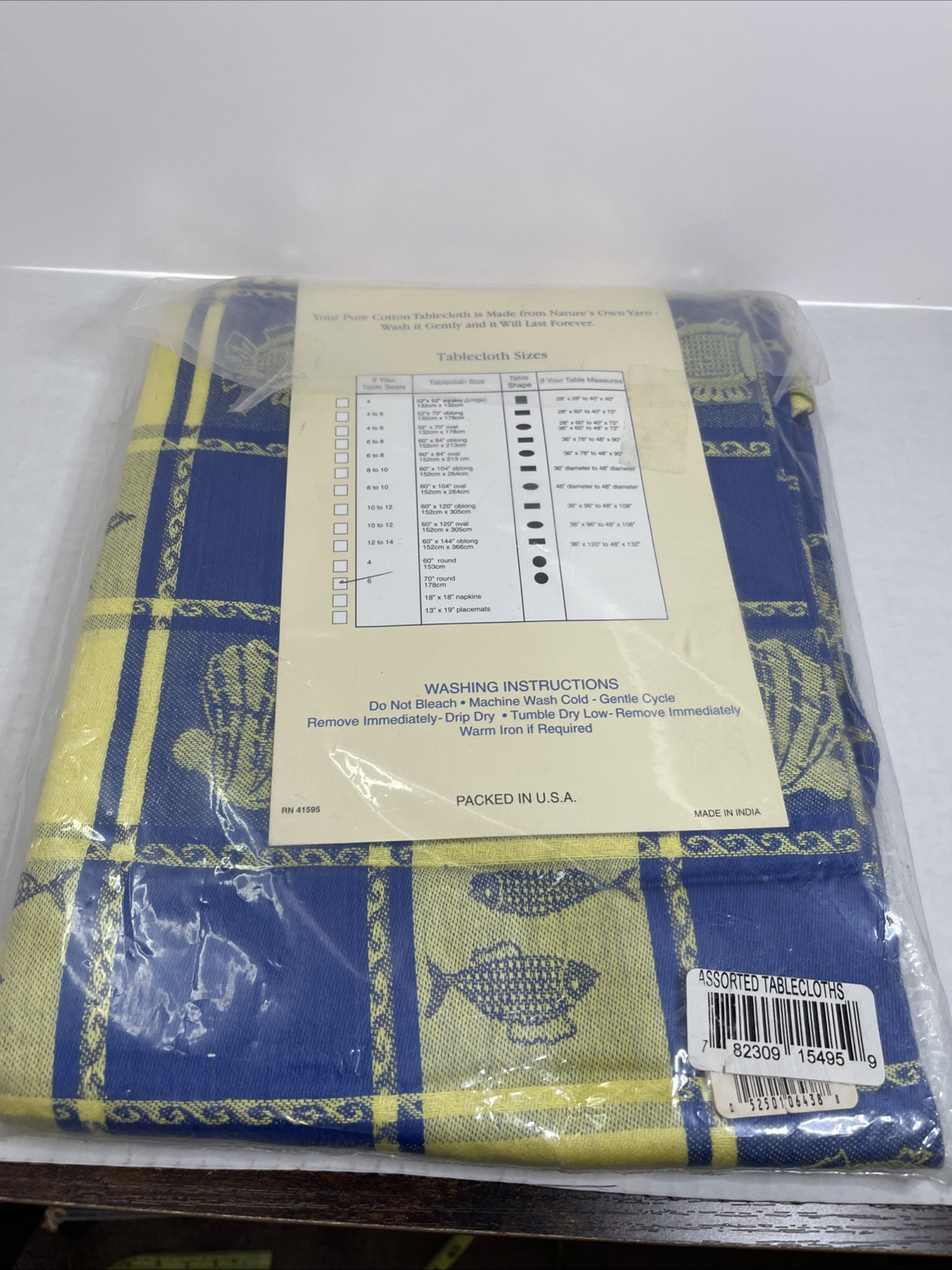 Cotton Park Cottage Tablecloth "BY THE SEA" Blue & Yellow 70" ROUND NIP