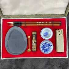 Chinese Calligraphy Ink Stone Brush Set Vintage NOS