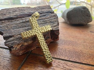 Authentic Gold-Plated Sterling Silver Nugget Texture Cross Pendant — 2 Inch Large Cross —