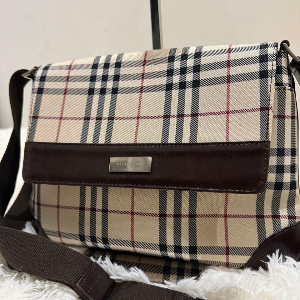 BURBERRY Nova Check Canvas Leather Shoulder Bag Beige Brown Adjustable Strap