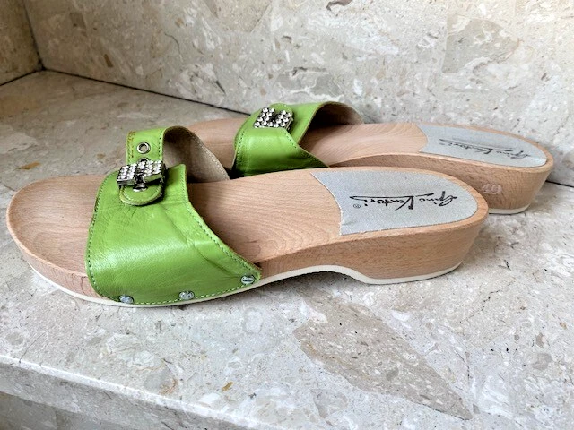 Holzklepper, Pantolette, Gino Venturi, Leder grün mit Glitzerverschluß, Gr. 40 - Bild 3 von 4