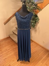 J Kara Women's Long Beaded Cowl Neck Flutter Sleeve Dress Size 8P Cobalt Blue