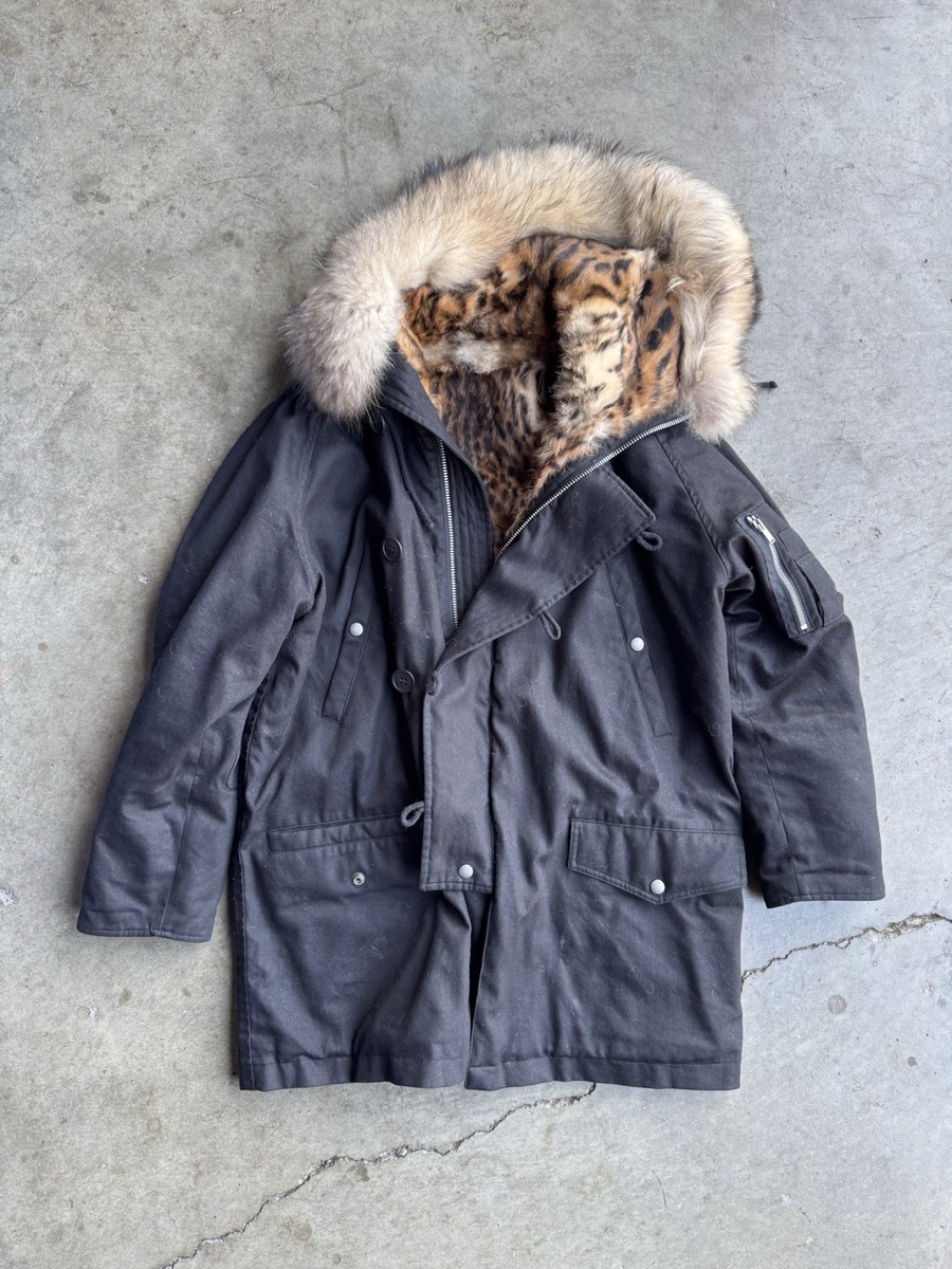 Saint Laurent Leopard Print Rabbit Fur Lined Military Parka Jacket
