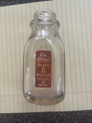 Vintage Half Pint Milk Bottle Miller Dairy 5.5  Tall   Grade A Vit D Milk 