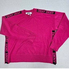 DKNY Womens Pink Logo Tape Crewneck Sweater Fuchsia Long Sleeve Size M