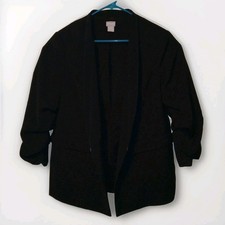 Chico's 2 Size 12/14 L Large Blazer Jacket Black 3/4 Sleeve Hook Eye V neck Line