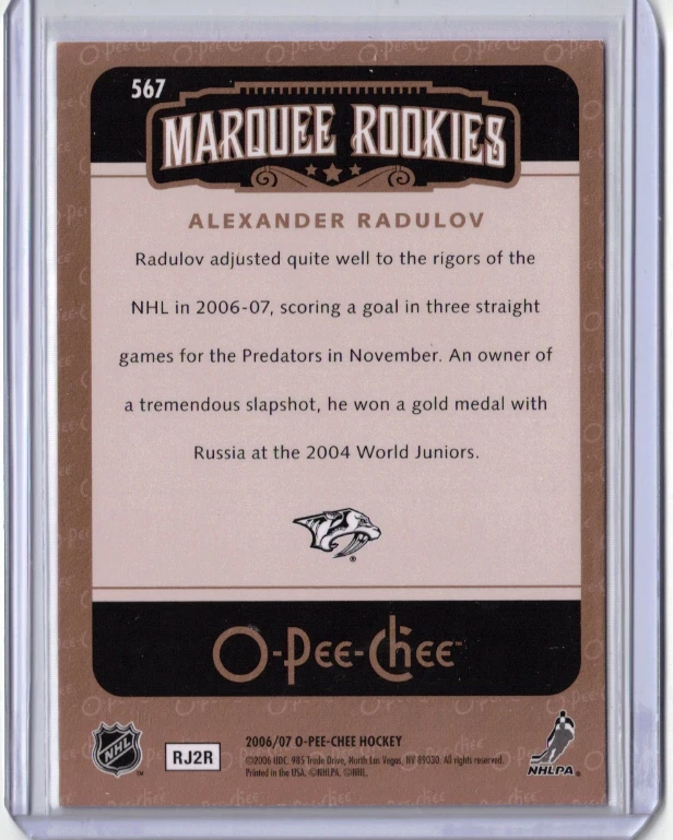 ALEXANDER RADULOV 06/07 O-Pee-Chee OPC Marquee Rookie Rookies RC Card #567 - Image 2 of 2