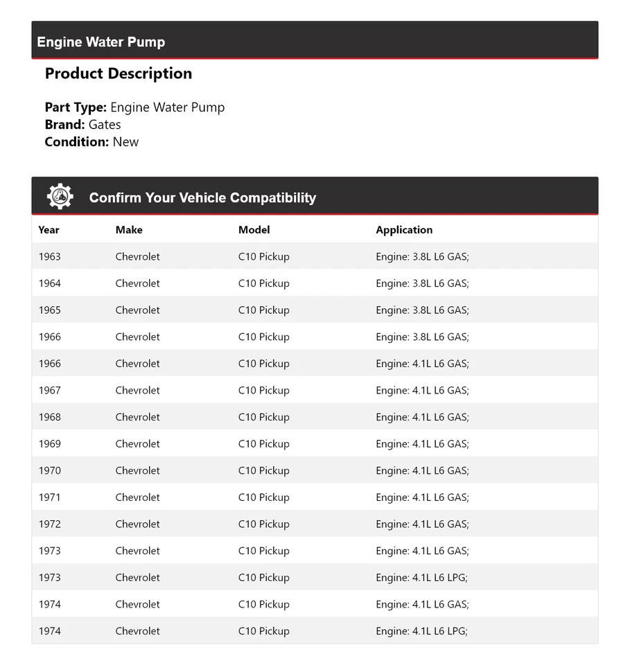 Para Chevrolet C10 1963-1974 camioneta motor bomba de agua puertas 1964 1965 1966 1967 Foto 2 de 4