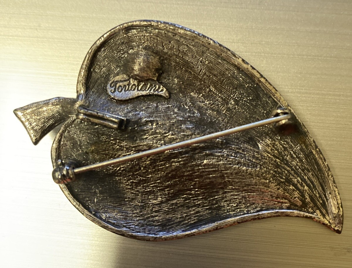 Tortelani Leaf Brooch Pendant Signed Silver Textured Dimensional Curling VTG View 4